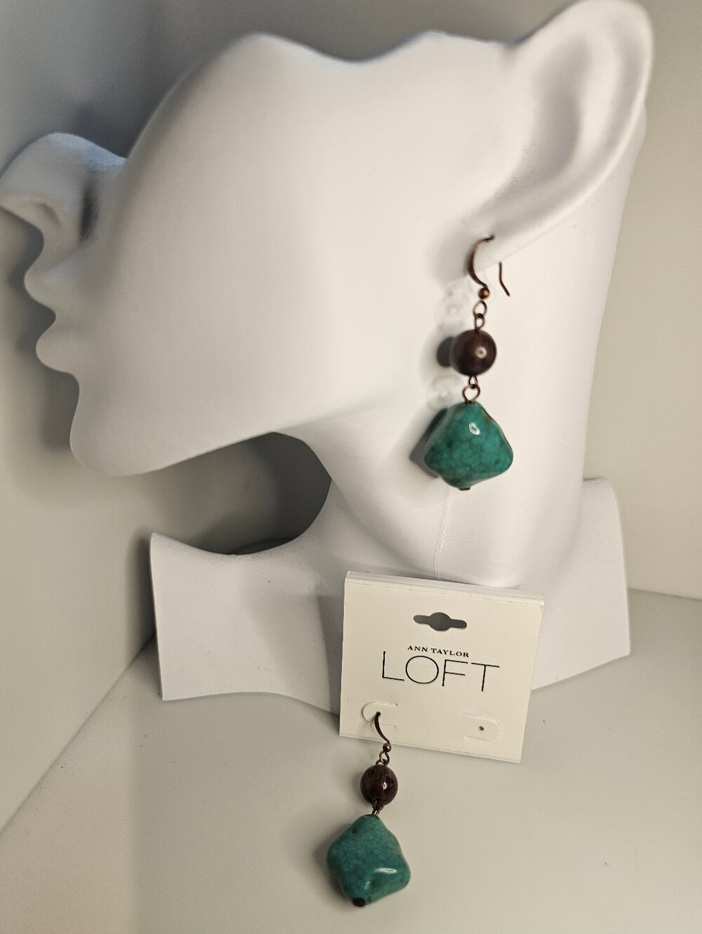 ANN TAYLOR LOFT Teal Green Stone and Brown Bead Drop Earrings